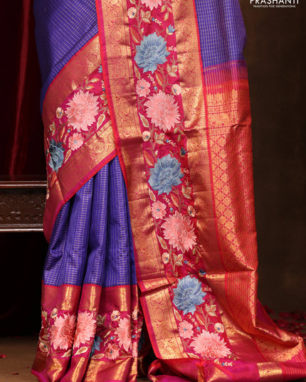 Blue -Pink Pure Kanchipuram Silk Saree With Zari Checks & Border Embroidery