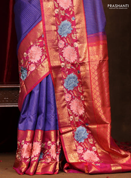 Blue -Pink Pure Kanchipuram Silk Saree With Zari Checks & Border Embroidery