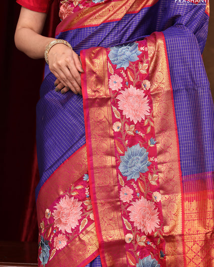 Blue -Pink Pure Kanchipuram Silk Saree With Zari Checks & Border Embroidery