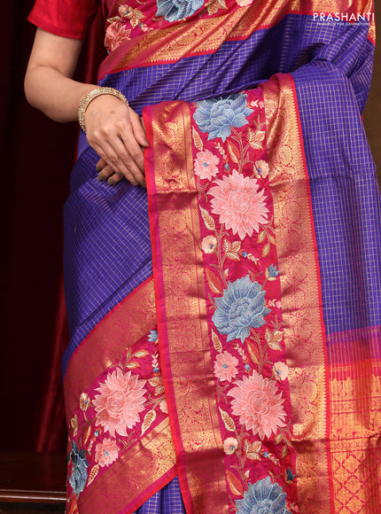 Blue -Pink Pure Kanchipuram Silk Saree With Zari Checks & Border Embroidery