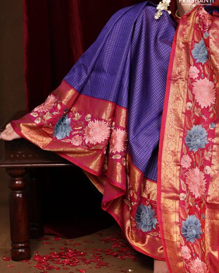 Blue -Pink Pure Kanchipuram Silk Saree With Zari Checks & Border Embroidery