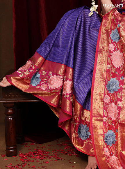 Blue -Pink Pure Kanchipuram Silk Saree With Zari Checks & Border Embroidery