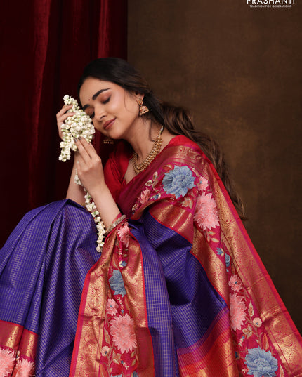 Blue -Pink Pure Kanchipuram Silk Saree With Zari Checks & Border Embroidery