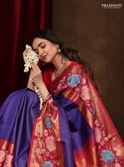 Blue -Pink Pure Kanchipuram Silk Saree With Zari Checks & Border Embroidery