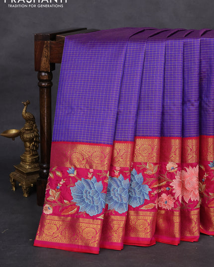 Blue -Pink Pure Kanchipuram Silk Saree With Zari Checks & Border Embroidery