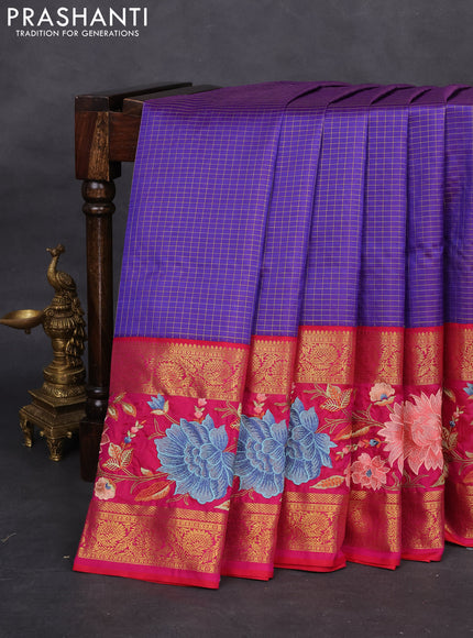Blue -Pink Pure Kanchipuram Silk Saree With Zari Checks & Border Embroidery