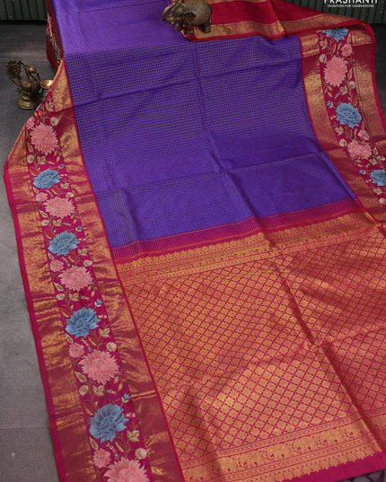 Blue -Pink Pure Kanchipuram Silk Saree With Zari Checks & Border Embroidery