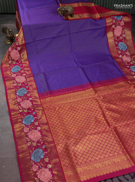 Blue -Pink Pure Kanchipuram Silk Saree With Zari Checks & Border Embroidery