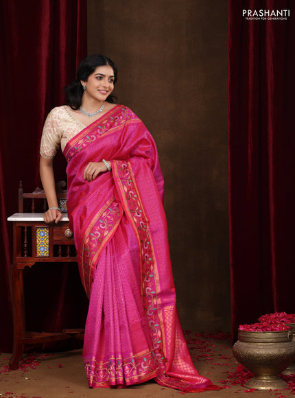 Pink Pure Kanchipuram silk Saree With Allover Zari Weaves & Border Embroidery