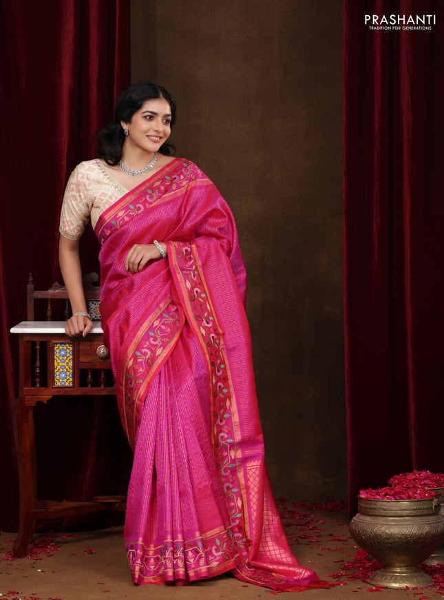 Pink Pure Kanchipuram silk Saree With Allover Zari Weaves & Border Embroidery