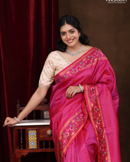 Pink Pure Kanchipuram silk Saree With Allover Zari Weaves & Border Embroidery