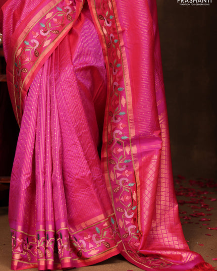 Pink Pure Kanchipuram silk Saree With Allover Zari Weaves & Border Embroidery