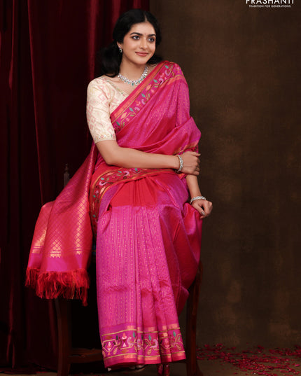 Pink Pure Kanchipuram silk Saree With Allover Zari Weaves & Border Embroidery