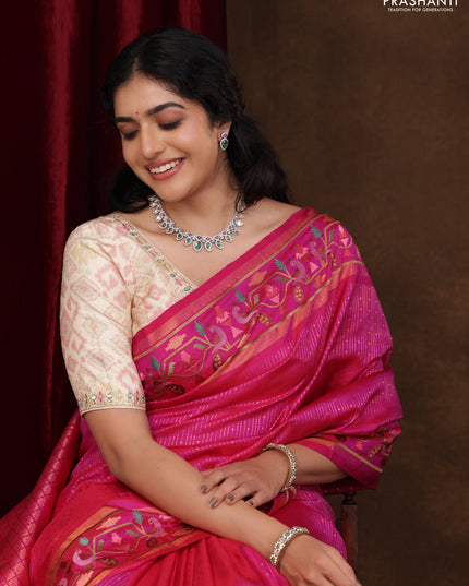 Pink Pure Kanchipuram silk Saree With Allover Zari Weaves & Border Embroidery