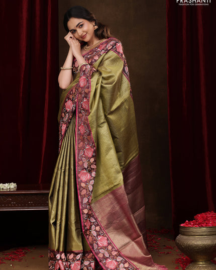 Mehendi Green-Wine Shade Pure Kanchipuram Tissue Silk Saree With Border Embroidery