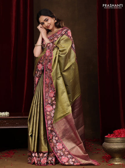 Mehendi Green-Wine Shade Pure Kanchipuram Tissue Silk Saree With Border Embroidery