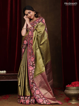 Mehendi Green-Wine Shade Pure Kanchipuram Tissue Silk Saree With Border Embroidery