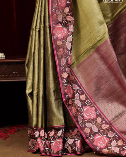 Mehendi Green-Wine Shade Pure Kanchipuram Tissue Silk Saree With Border Embroidery