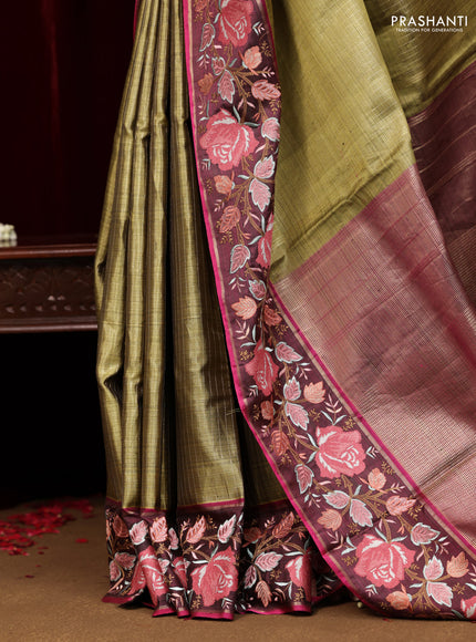 Mehendi Green-Wine Shade Pure Kanchipuram Tissue Silk Saree With Border Embroidery