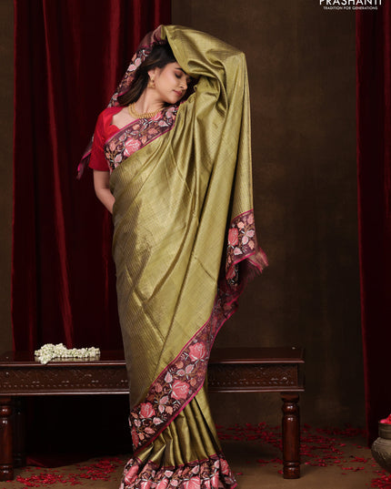 Mehendi Green-Wine Shade Pure Kanchipuram Tissue Silk Saree With Border Embroidery
