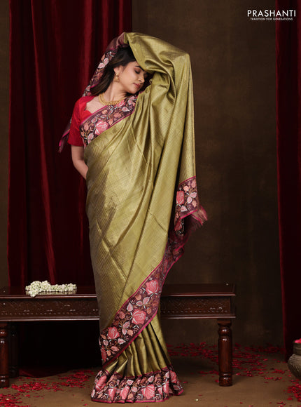 Mehendi Green-Wine Shade Pure Kanchipuram Tissue Silk Saree With Border Embroidery