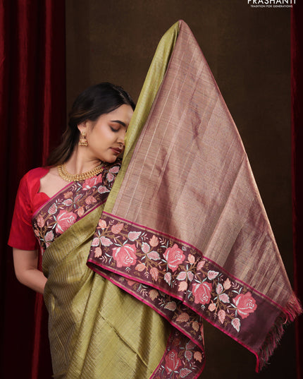 Mehendi Green-Wine Shade Pure Kanchipuram Tissue Silk Saree With Border Embroidery