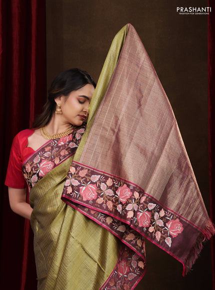 Mehendi Green-Wine Shade Pure Kanchipuram Tissue Silk Saree With Border Embroidery