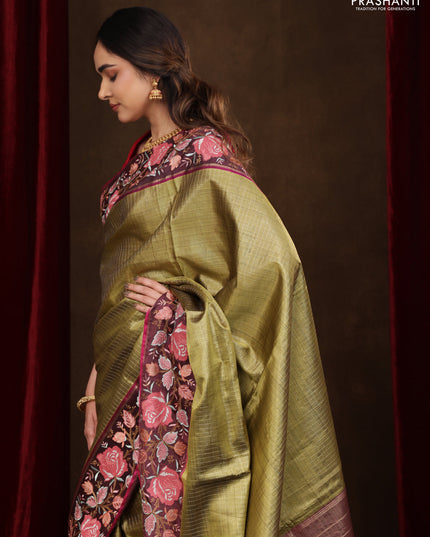 Mehendi Green-Wine Shade Pure Kanchipuram Tissue Silk Saree With Border Embroidery