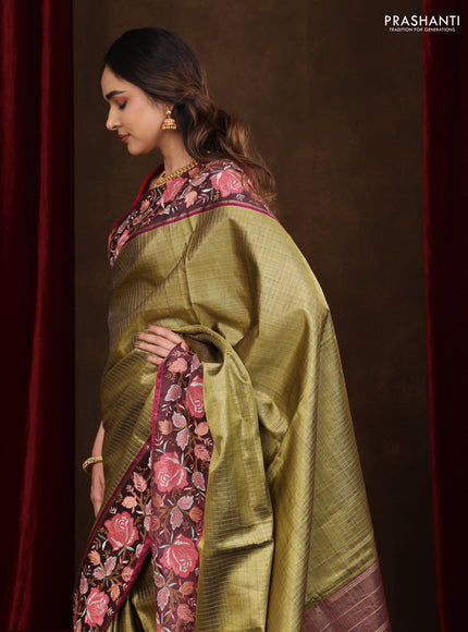 Mehendi Green-Wine Shade Pure Kanchipuram Tissue Silk Saree With Border Embroidery