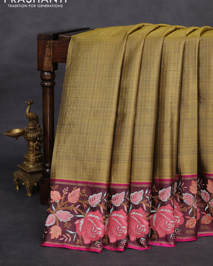 Mehendi Green-Wine Shade Pure Kanchipuram Tissue Silk Saree With Border Embroidery