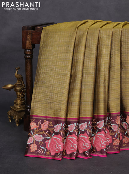 Mehendi Green-Wine Shade Pure Kanchipuram Tissue Silk Saree With Border Embroidery
