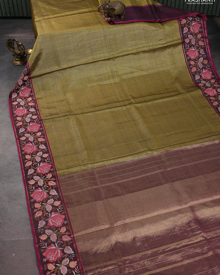 Mehendi Green-Wine Shade Pure Kanchipuram Tissue Silk Saree With Border Embroidery