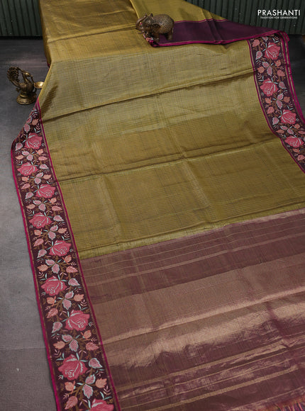 Mehendi Green-Wine Shade Pure Kanchipuram Tissue Silk Saree With Border Embroidery
