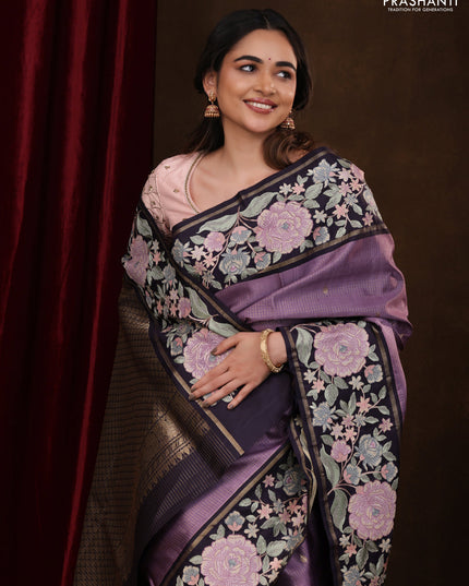 Lavender-Deep Jamun Pure Kanchipuram Silk Saree With Zari Checks & Border Embroidery