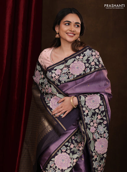 Lavender-Deep Jamun Pure Kanchipuram Silk Saree With Zari Checks & Border Embroidery