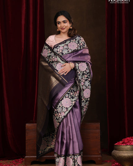 Lavender-Deep Jamun Pure Kanchipuram Silk Saree With Zari Checks & Border Embroidery