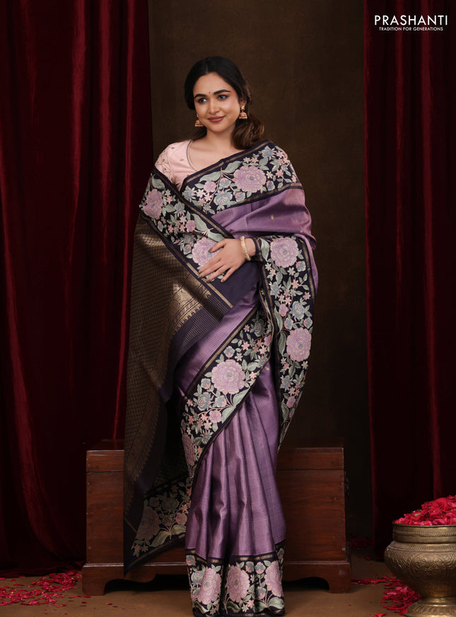 Lavender-Deep Jamun Pure Kanchipuram Silk Saree With Zari Checks & Border Embroidery