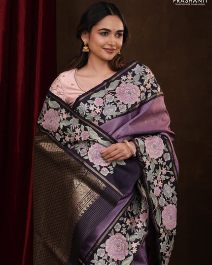 Lavender-Deep Jamun Pure Kanchipuram Silk Saree With Zari Checks & Border Embroidery