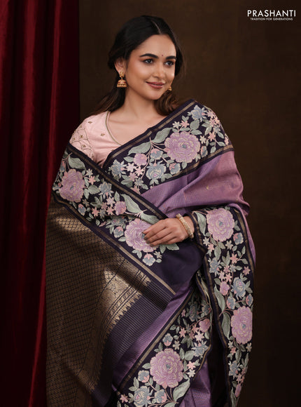 Lavender-Deep Jamun Pure Kanchipuram Silk Saree With Zari Checks & Border Embroidery