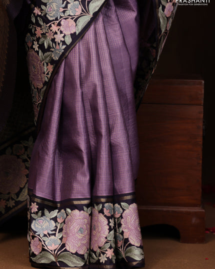 Lavender-Deep Jamun Pure Kanchipuram Silk Saree With Zari Checks & Border Embroidery