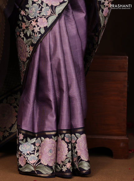 Lavender-Deep Jamun Pure Kanchipuram Silk Saree With Zari Checks & Border Embroidery