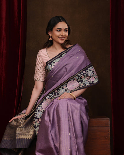 Lavender-Deep Jamun Pure Kanchipuram Silk Saree With Zari Checks & Border Embroidery