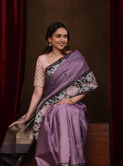 Lavender-Deep Jamun Pure Kanchipuram Silk Saree With Zari Checks & Border Embroidery