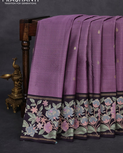 Lavender-Deep Jamun Pure Kanchipuram Silk Saree With Zari Checks & Border Embroidery