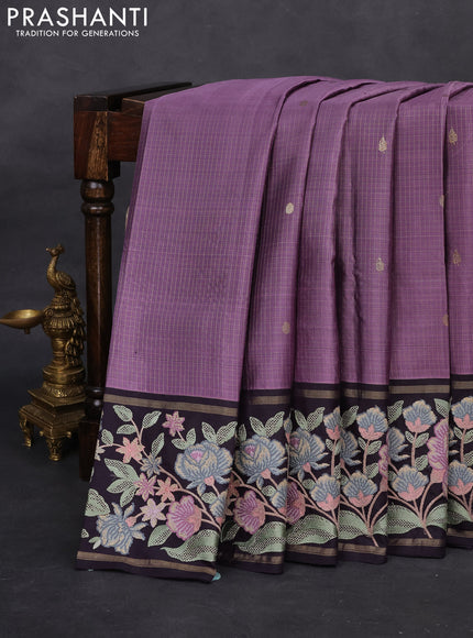 Lavender-Deep Jamun Pure Kanchipuram Silk Saree With Zari Checks & Border Embroidery