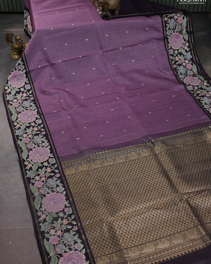 Lavender-Deep Jamun Pure Kanchipuram Silk Saree With Zari Checks & Border Embroidery
