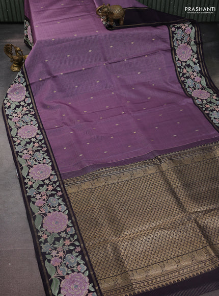 Lavender-Deep Jamun Pure Kanchipuram Silk Saree With Zari Checks & Border Embroidery