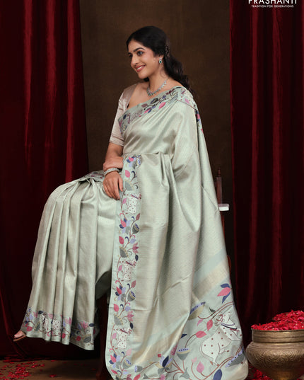 Pastel Green Pure Kanchipuram Silk Saree With Rudhraksha zari weaves & Pichwai Design Border Embroidery