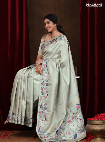 Pastel Green Pure Kanchipuram Silk Saree With Rudhraksha zari weaves & Pichwai Design Border Embroidery