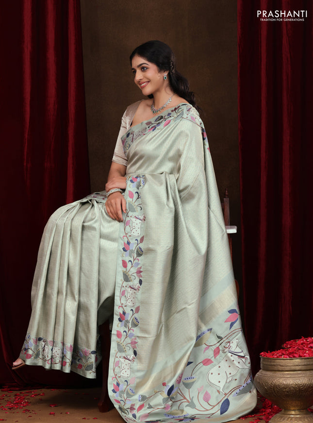 Pastel Green Pure Kanchipuram Silk Saree With Rudhraksha zari weaves & Pichwai Design Border Embroidery